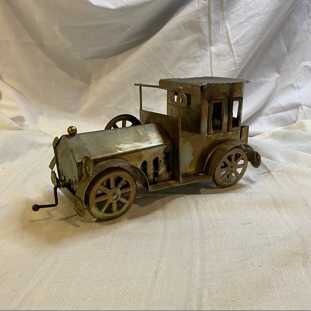 Vintage Metal Copper Musical Old Time Car Sculpture With Working Music Box